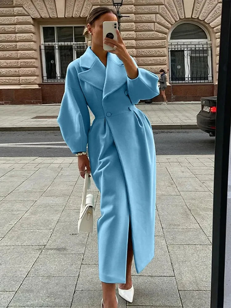 Autumn Lantern Sleeve Women Woolen Coat Lapel Double-breasted