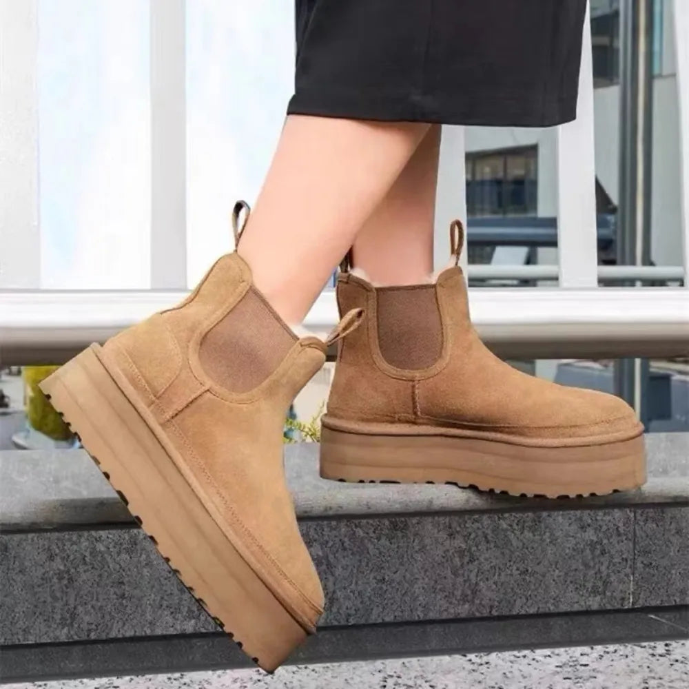Classic Snow Boots for Womens Flat Shoes Suede Fur Plush Warm Slip-On