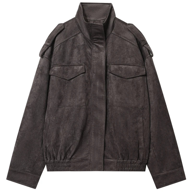 HXAO Leather Jacket Women Autumn Oversized Bomber Jacket New In Coats & Jackets Stand Collar Long Sleeve Tops Fashion Outerwears