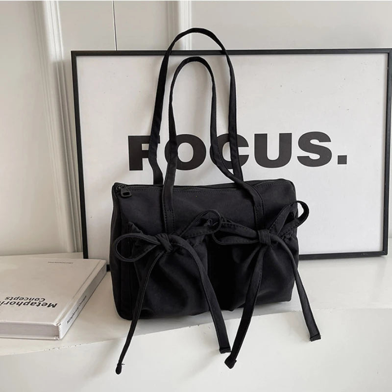 2025 New Korean Bow Nylon Shoulder Bag Fashionable and Sweet Design Tote Bag Folded Large Capacity Commuter Women's Handbag