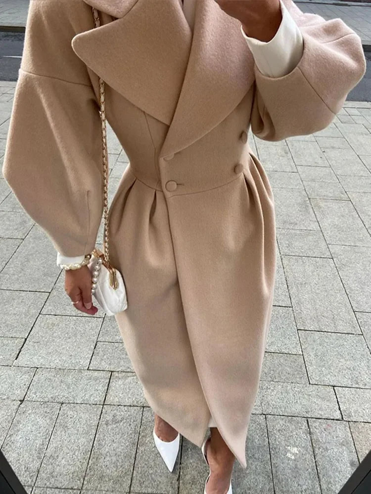 Autumn Lantern Sleeve Women Woolen Coat Lapel Double-breasted