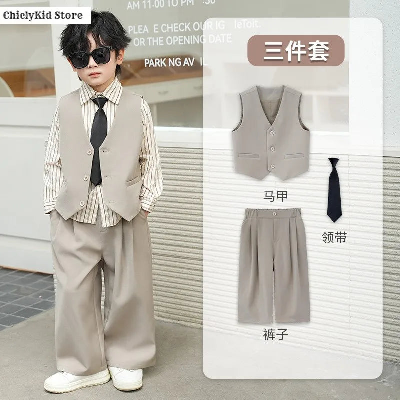 Boys Solid Double Breasted Blazer Jack Vest Pants Children Suit Waistcoat Wedding Clothes Sets Toddler Formal Dress Kids Tuxedos