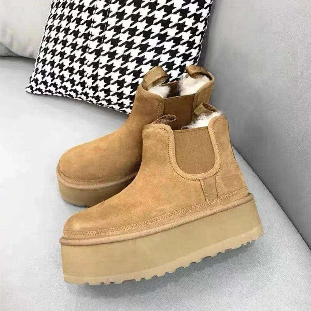 Classic Snow Boots for Womens Flat Shoes Suede Fur Plush Warm Slip-On