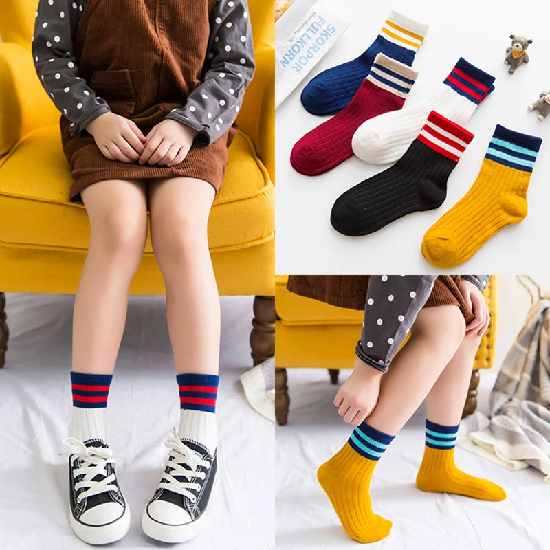 5Pairs/lot Kids Socks Autumn Winter Children Cotton Socks Striped Colorful Warm Thick Cool Baby Socks