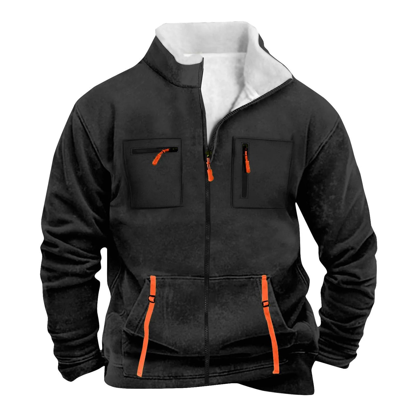 New men's autumn/winter multi-pocket zipper plain-colored pleated jacket for casual outdoor use