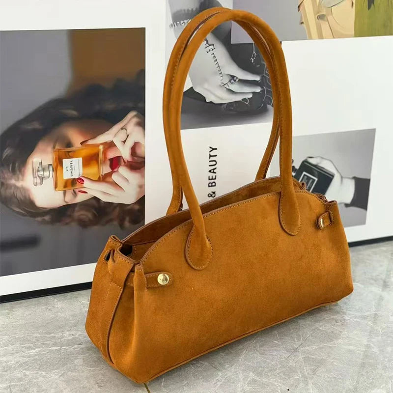 Brand Matte Suede Leather Handbag Fashion Multi-color Boston Shoulder Bag Large Capacity Simple Design Bowling Bag Women's Bag