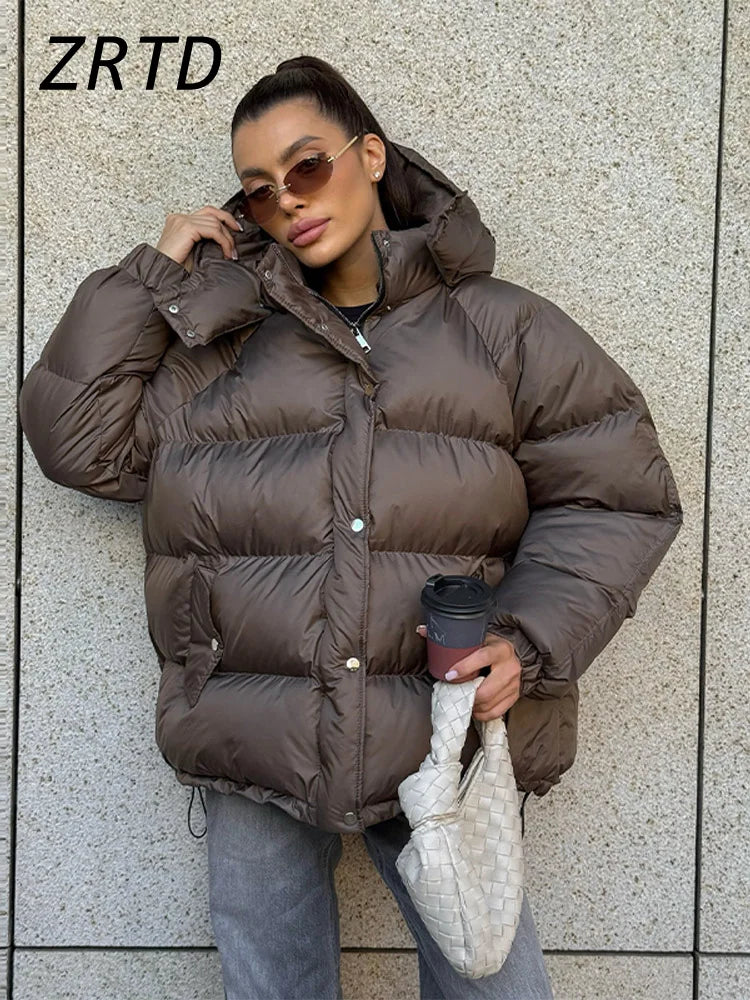 Hooded Women's Puffer Winter Jackets 2025 Loose Stand Collar Zipper Full Sleeve Pockets Coats Lady Solid Street Warm Down Jacket