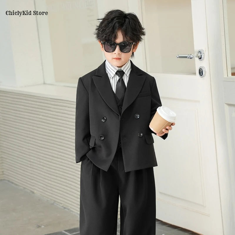 Boys Solid Double Breasted Blazer Jack Vest Pants Children Suit Waistcoat Wedding Clothes Sets Toddler Formal Dress Kids Tuxedos