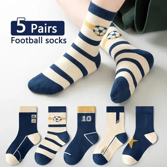 5 Pairs Children's' Socks Spring Autumn Cotton Socks Kids Striped Football Pattern Sock 1-14T Boys Mid-calf Length