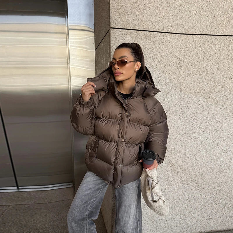 Hooded Women's Puffer Winter Jackets 2025 Loose Stand Collar Zipper Full Sleeve Pockets Coats Lady Solid Street Warm Down Jacket
