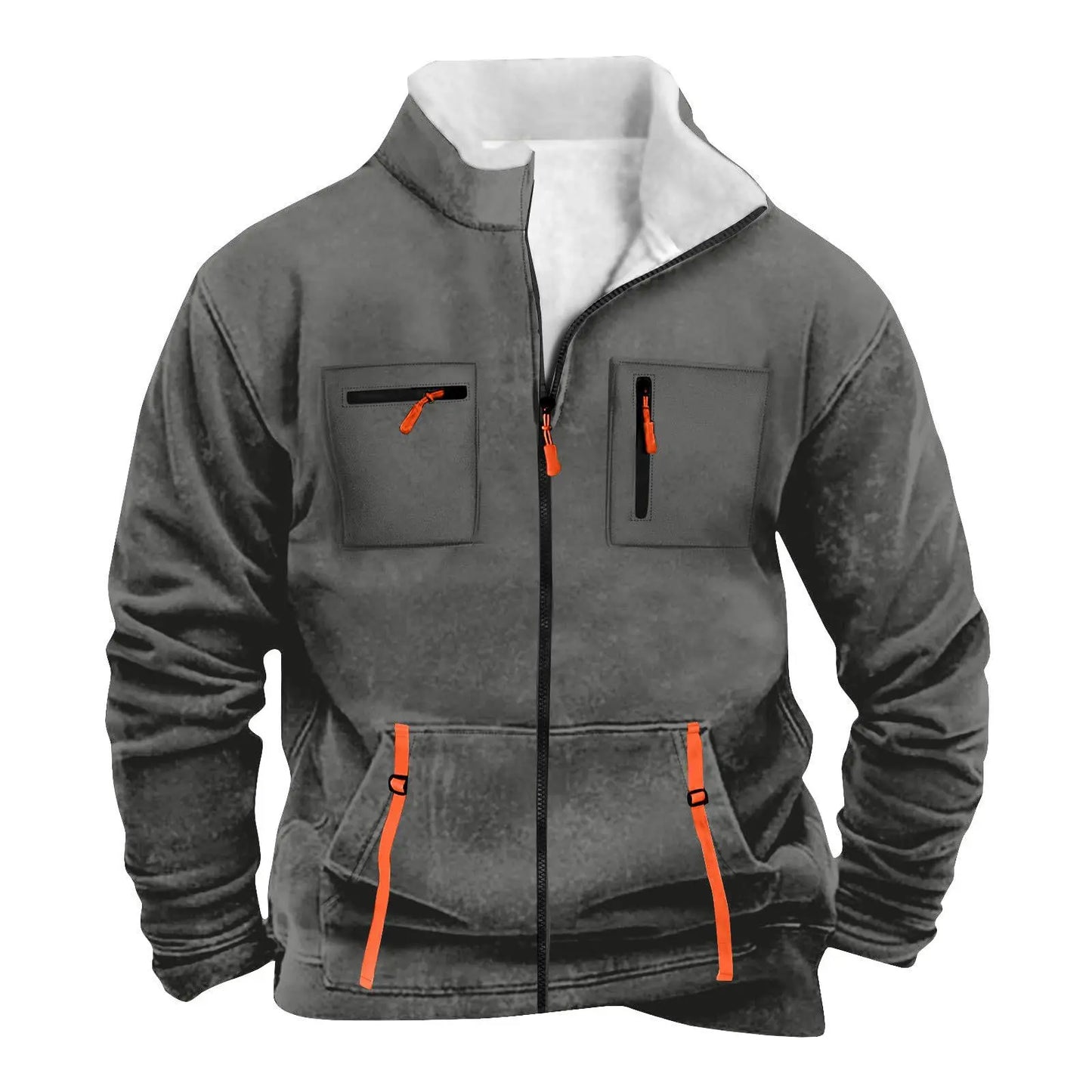 New men's autumn/winter multi-pocket zipper plain-colored pleated jacket for casual outdoor use