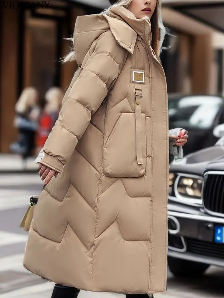 2025 Women Casual Long Sleeve Plus Size Coat Winter Khaki Chubby Down Cotton Jacket Lady Zipper Hooded Thick Warm Big Outwear