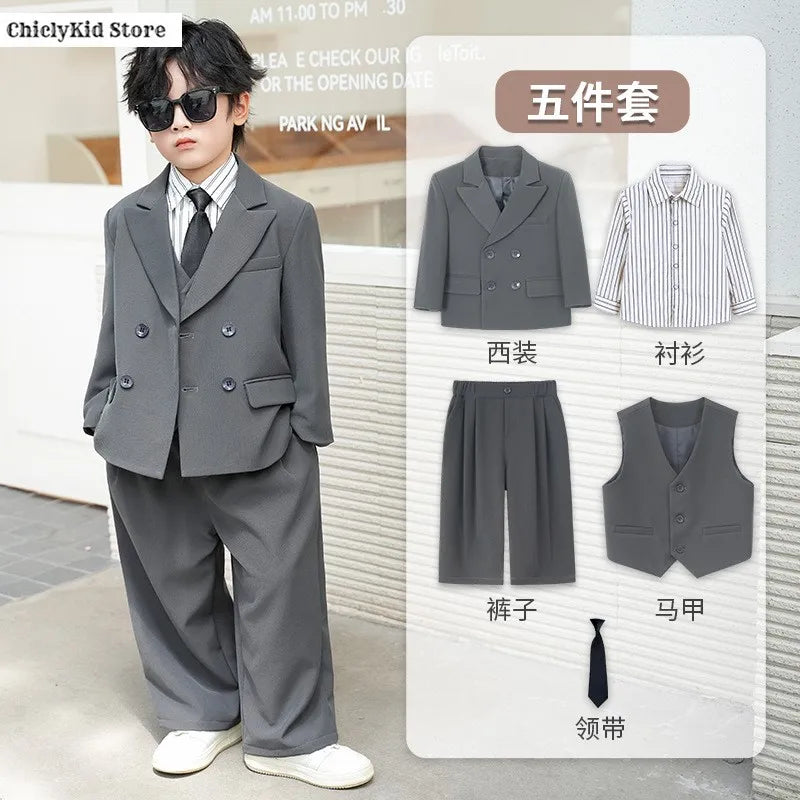 Boys Solid Double Breasted Blazer Jack Vest Pants Children Suit Waistcoat Wedding Clothes Sets Toddler Formal Dress Kids Tuxedos
