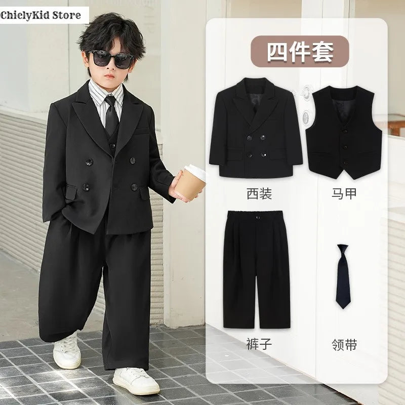 Boys Solid Double Breasted Blazer Jack Vest Pants Children Suit Waistcoat Wedding Clothes Sets Toddler Formal Dress Kids Tuxedos