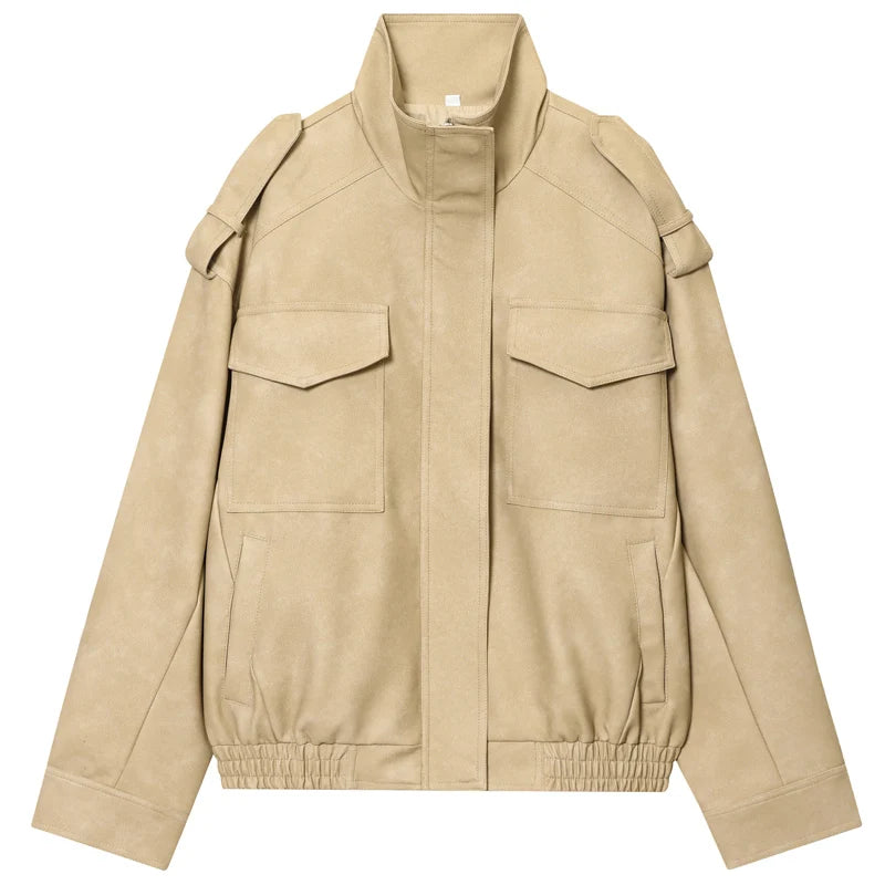 HXAO Leather Jacket Women Autumn Oversized Bomber Jacket New In Coats & Jackets Stand Collar Long Sleeve Tops Fashion Outerwears