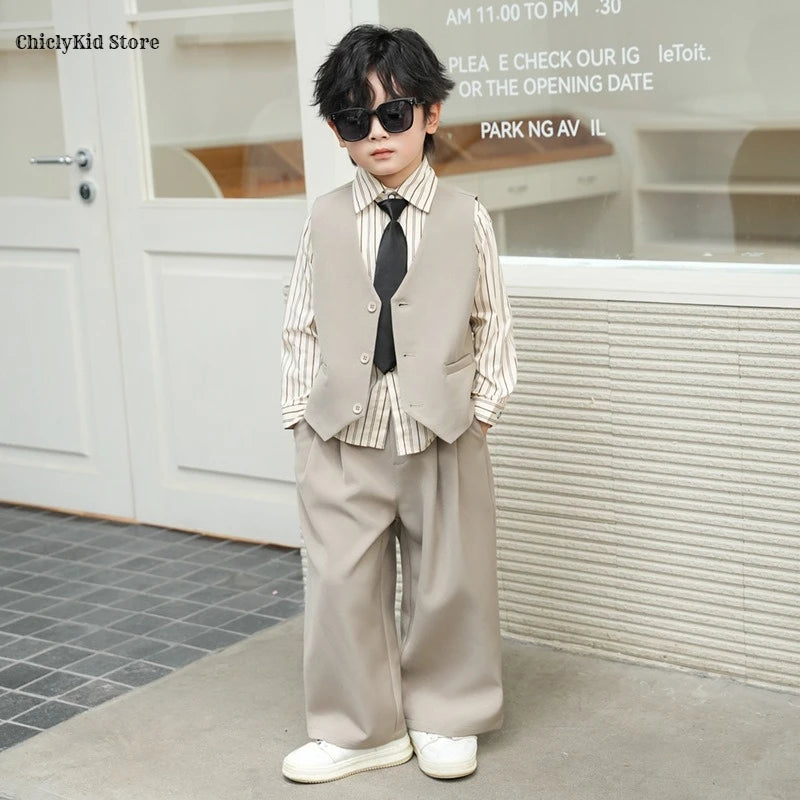 Boys Solid Double Breasted Blazer Jack Vest Pants Children Suit Waistcoat Wedding Clothes Sets Toddler Formal Dress Kids Tuxedos