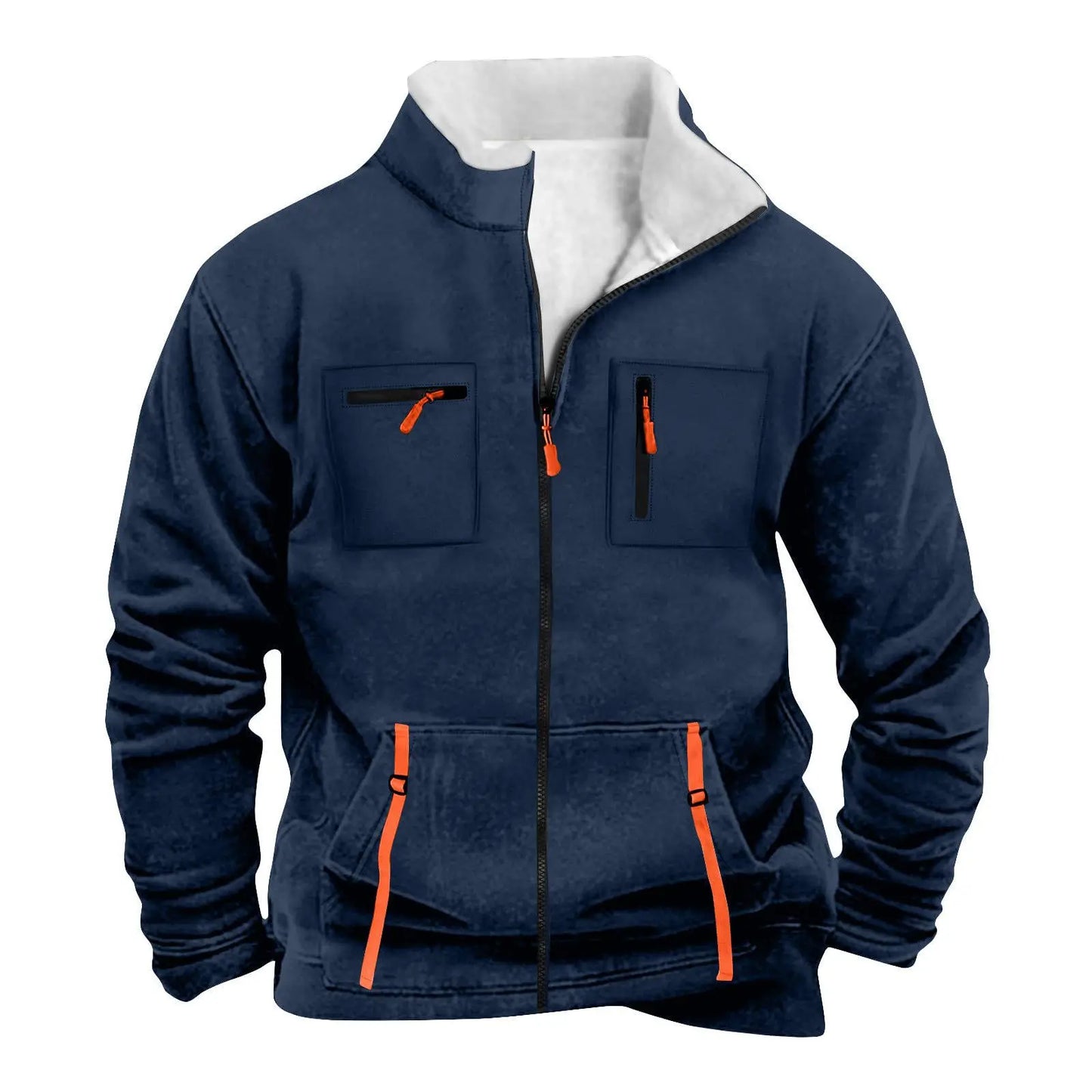 New men's autumn/winter multi-pocket zipper plain-colored pleated jacket for casual outdoor use