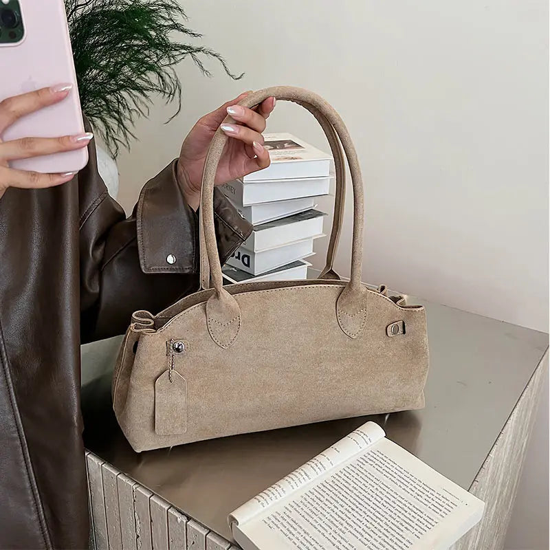 Brand Matte Suede Leather Handbag Fashion Multi-color Boston Shoulder Bag Large Capacity Simple Design Bowling Bag Women's Bag