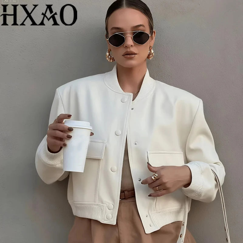 HXAO Women's Jackets Coat Demi-Season New In Bomber Jackets Long Sleeve Cropped Black Jacket Button Casual Aviator Jacket Woman