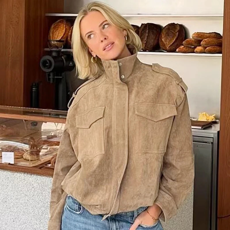 HXAO Leather Jacket Women Autumn Oversized Bomber Jacket New In Coats & Jackets Stand Collar Long Sleeve Tops Fashion Outerwears