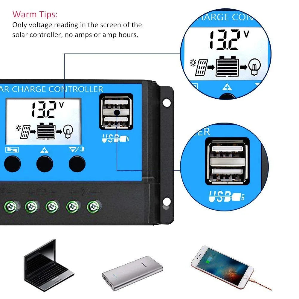 60A PWM Solar Charge Controller 12V 24V with LCD Display Dual USB Voltage