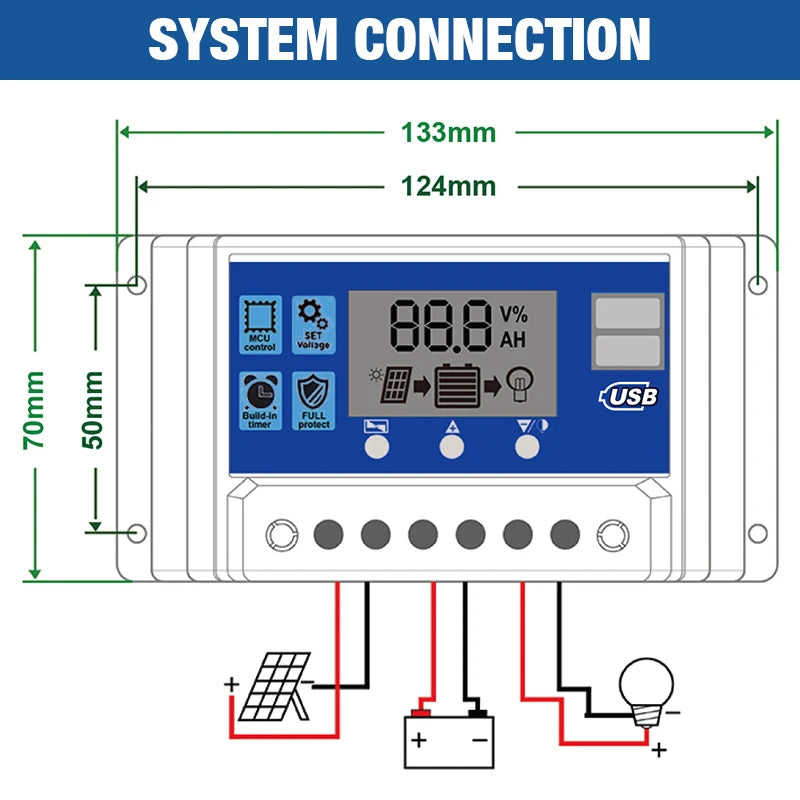 60A PWM Solar Charge Controller 12V 24V with LCD Display Dual USB Voltage