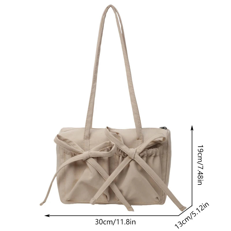 2025 New Korean Bow Nylon Shoulder Bag Fashionable and Sweet Design Tote Bag Folded Large Capacity Commuter Women's Handbag