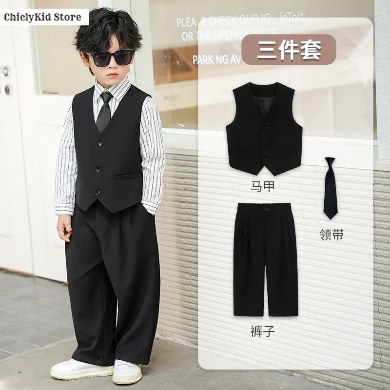 Boys Solid Double Breasted Blazer Jack Vest Pants Children Suit Waistcoat Wedding Clothes Sets Toddler Formal Dress Kids Tuxedos