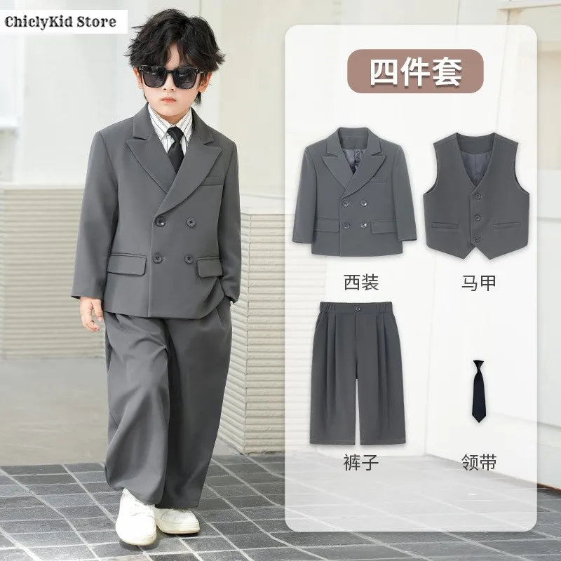 Boys Solid Double Breasted Blazer Jack Vest Pants Children Suit Waistcoat Wedding Clothes Sets Toddler Formal Dress Kids Tuxedos