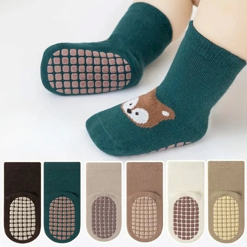 6 Pairs Spring Autumn New Kids Non-Slip Socks Cartoon Fox and Bear Cute Pattern Children Boys Girls Baby Floor Socks Comfortable