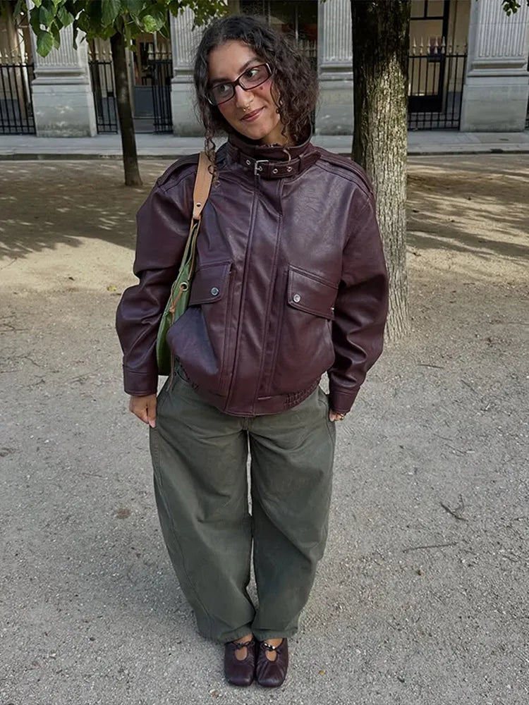 Fashion PU Leather Stand Up Coat for Women Casual Long Sleeve Zipper Lady Jackets 2025 Autumn New Female Outerwear High Street