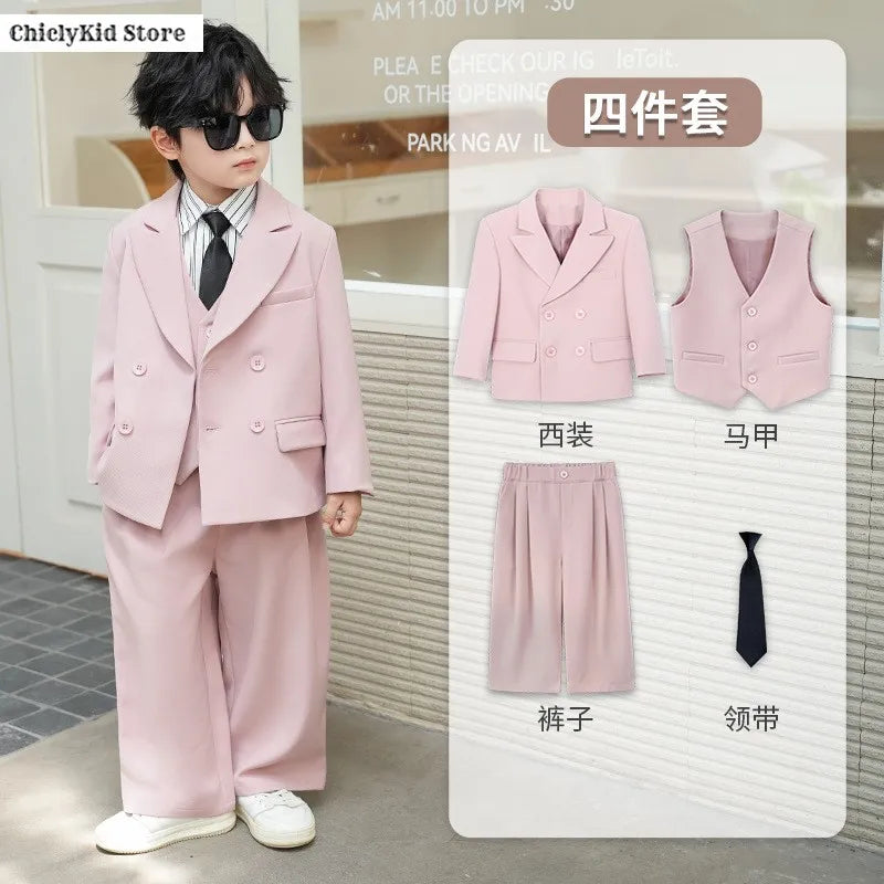 Boys Solid Double Breasted Blazer Jack Vest Pants Children Suit Waistcoat Wedding Clothes Sets Toddler Formal Dress Kids Tuxedos