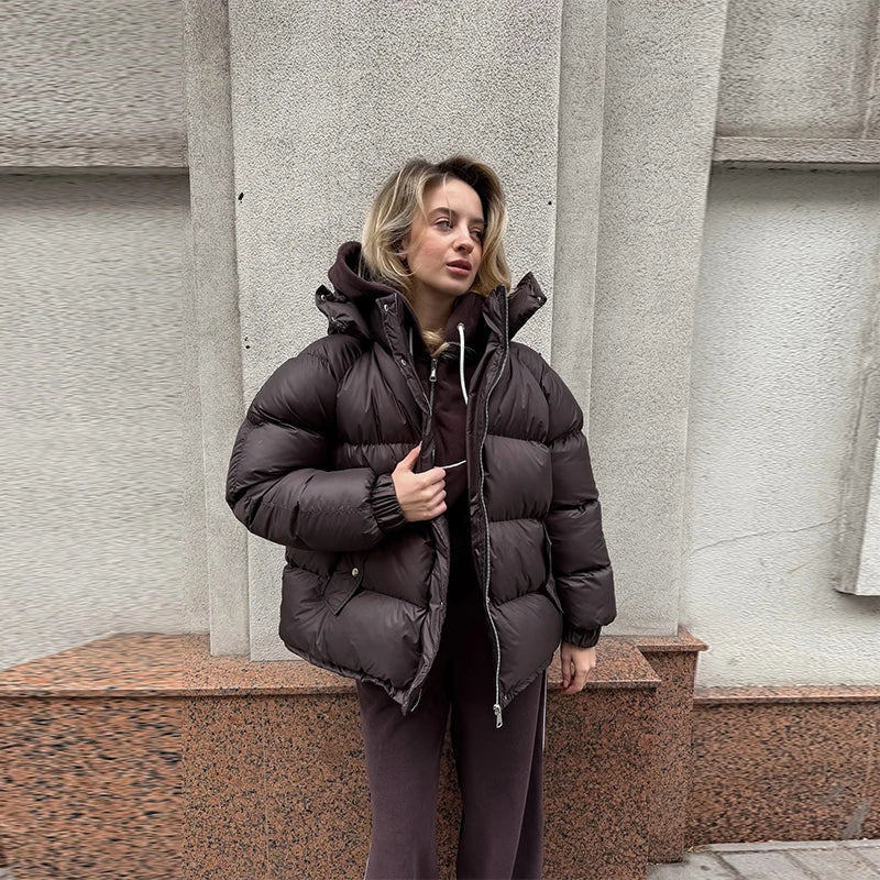 Hooded Women's Puffer Winter Jackets 2025 Loose Stand Collar Zipper Full Sleeve Pockets Coats Lady Solid Street Warm Down Jacket
