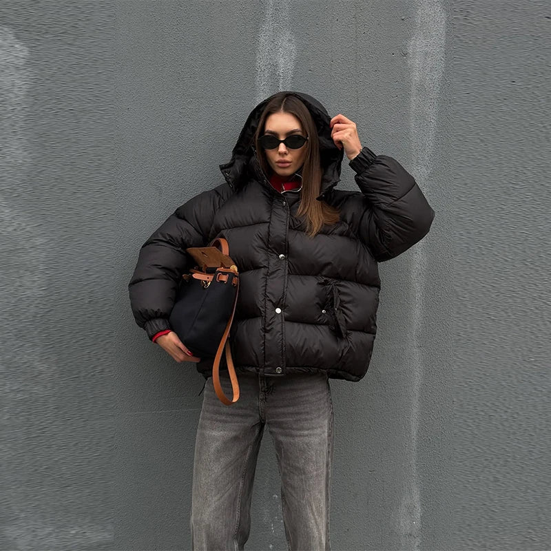 Hooded Women's Puffer Winter Jackets 2025 Loose Stand Collar Zipper Full Sleeve Pockets Coats Lady Solid Street Warm Down Jacket