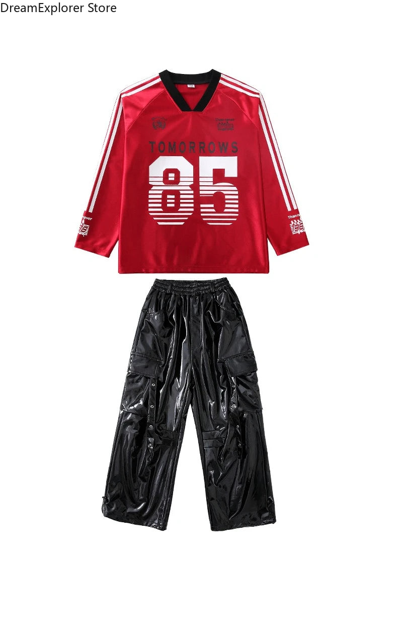 Boys Hip Hop Cool Shiny Sweatshirt Street Dance Cargo Pants Girls K-pop Clothes Sets Kids Streetwear Children Teenage Costumes