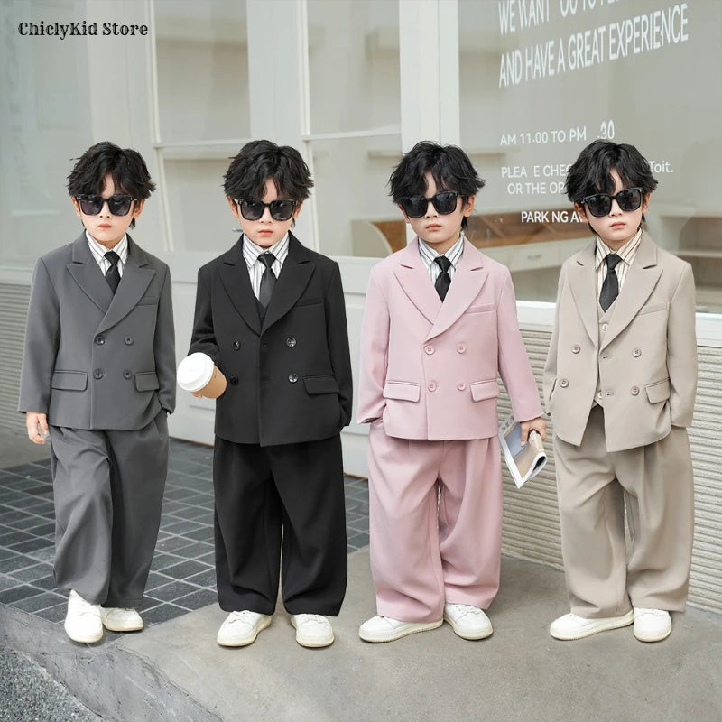 Boys Solid Double Breasted Blazer Jack Vest Pants Children Suit Waistcoat Wedding Clothes Sets Toddler Formal Dress Kids Tuxedos