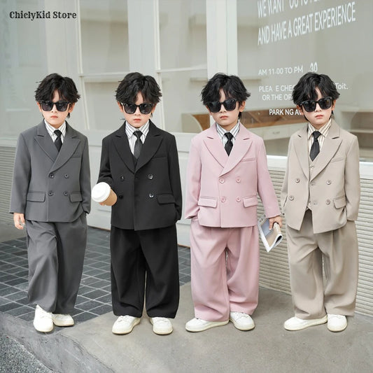 Boys Solid Double Breasted Blazer Jack Vest Pants Children Suit Waistcoat Wedding Clothes Sets Toddler Formal Dress Kids Tuxedos