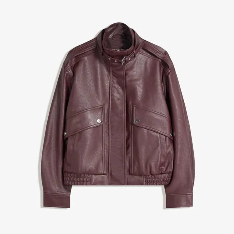 Fashion PU Leather Stand Up Coat for Women Casual Long Sleeve Zipper Lady Jackets 2025 Autumn New Female Outerwear High Street