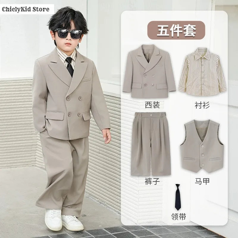Boys Solid Double Breasted Blazer Jack Vest Pants Children Suit Waistcoat Wedding Clothes Sets Toddler Formal Dress Kids Tuxedos