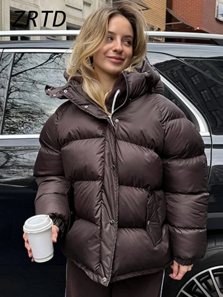 Hooded Women's Puffer Winter Jackets 2025 Loose Stand Collar Zipper Full Sleeve Pockets Coats Lady Solid Street Warm Down Jacket