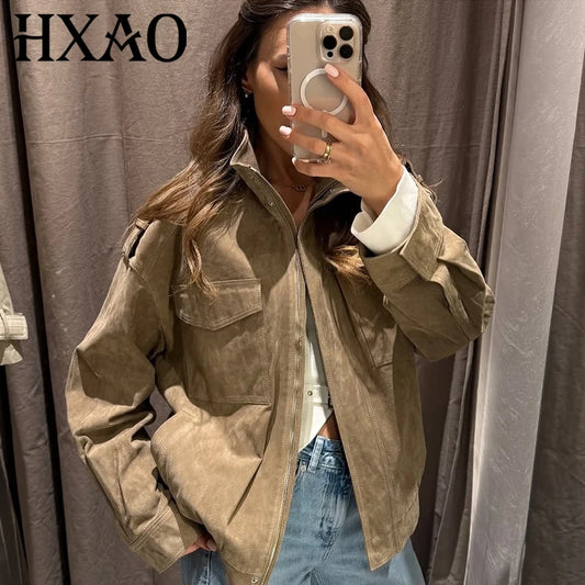 HXAO Leather Jacket Women Autumn Oversized Bomber Jacket New In Coats & Jackets Stand Collar Long Sleeve Tops Fashion Outerwears