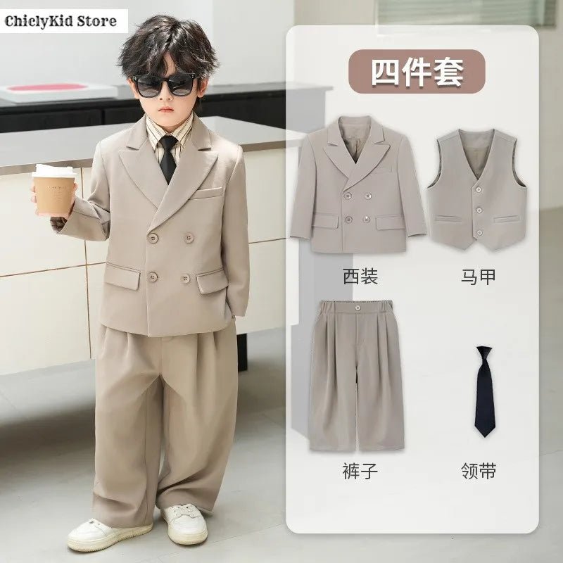 Boys Solid Double Breasted Blazer Jack Vest Pants Children Suit Waistcoat Wedding Clothes Sets Toddler Formal Dress Kids Tuxedos
