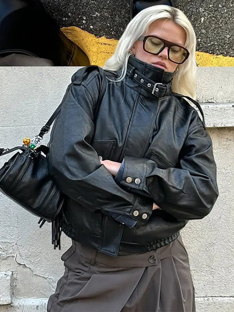 Fashion PU Leather Stand Up Coat for Women Casual Long Sleeve Zipper Lady Jackets 2025 Autumn New Female Outerwear High Street