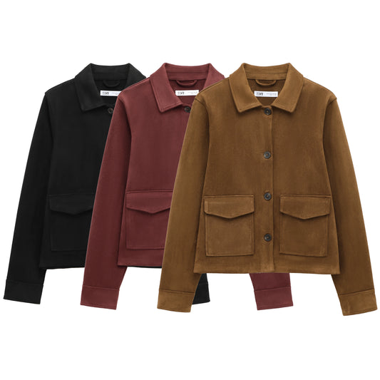 Women's Suede Texture Jacket 2025 Fashion Long Sleeve Cropped Coats Women Casual New In Outerwear