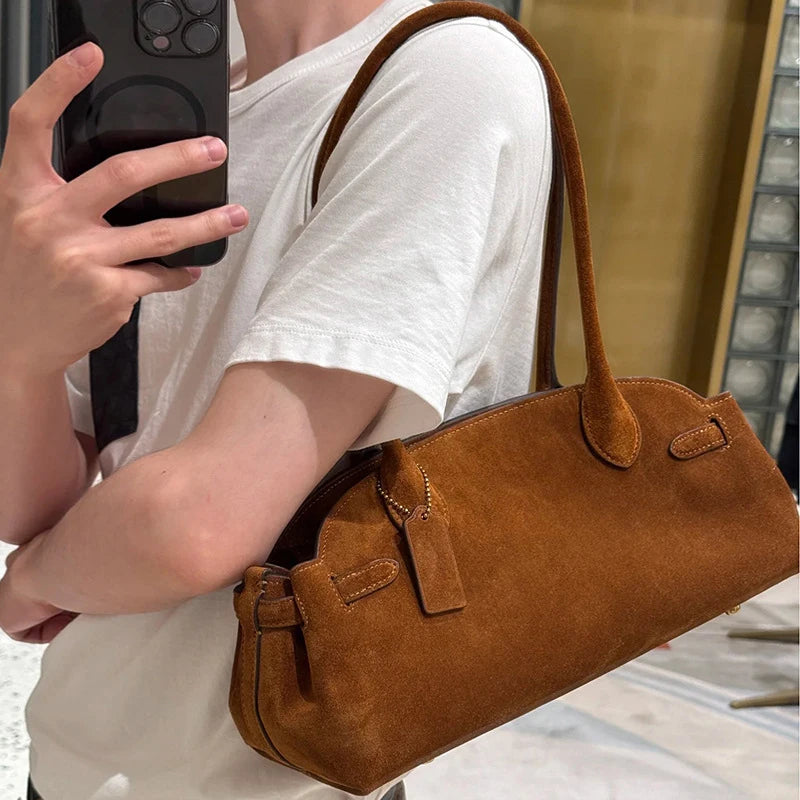 Brand Matte Suede Leather Handbag Fashion Multi-color Boston Shoulder Bag Large Capacity Simple Design Bowling Bag Women's Bag