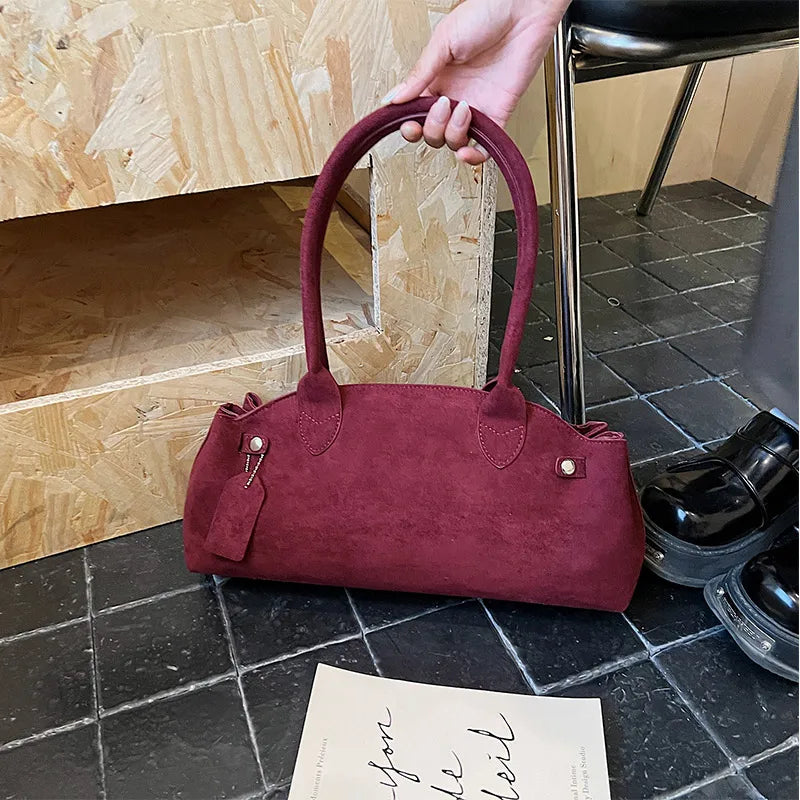 Brand Matte Suede Leather Handbag Fashion Multi-color Boston Shoulder Bag Large Capacity Simple Design Bowling Bag Women's Bag