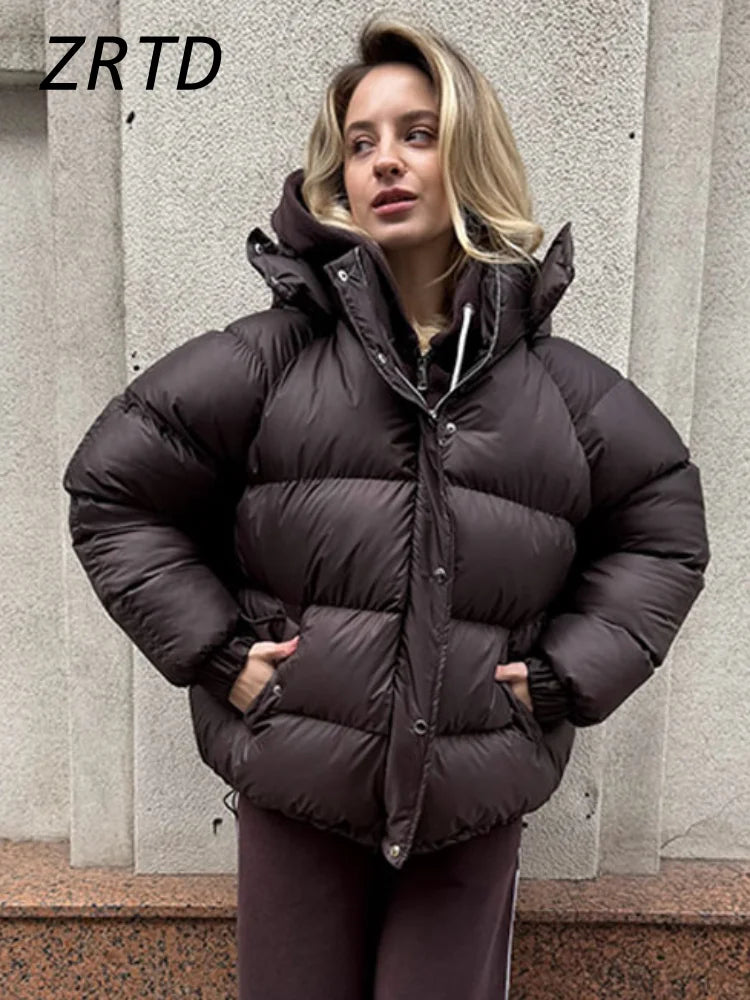 Hooded Women's Puffer Winter Jackets 2025 Loose Stand Collar Zipper Full Sleeve Pockets Coats Lady Solid Street Warm Down Jacket