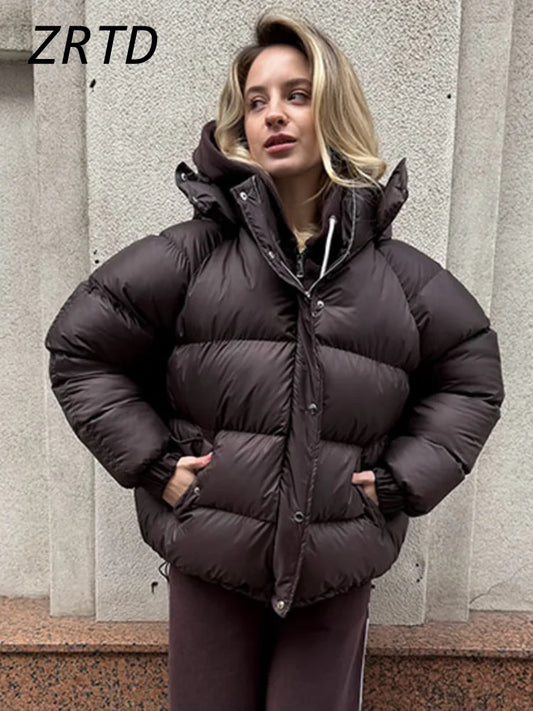 Hooded Women's Puffer Winter Jackets 2025 Loose Stand Collar Zipper Full Sleeve Pockets Coats Lady Solid Street Warm Down Jacket