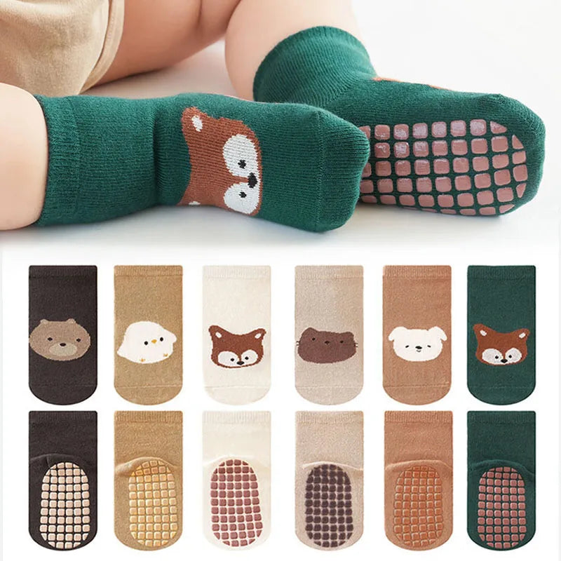 6 Pairs Spring Autumn New Kids Non-Slip Socks Cartoon Fox and Bear Cute Pattern Children Boys Girls Baby Floor Socks Comfortable