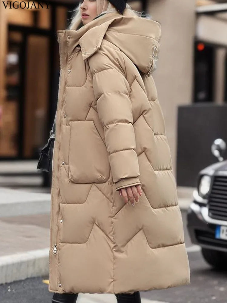 2025 Women Casual Long Sleeve Plus Size Coat Winter Khaki Chubby Down Cotton Jacket Lady Zipper Hooded Thick Warm Big Outwear